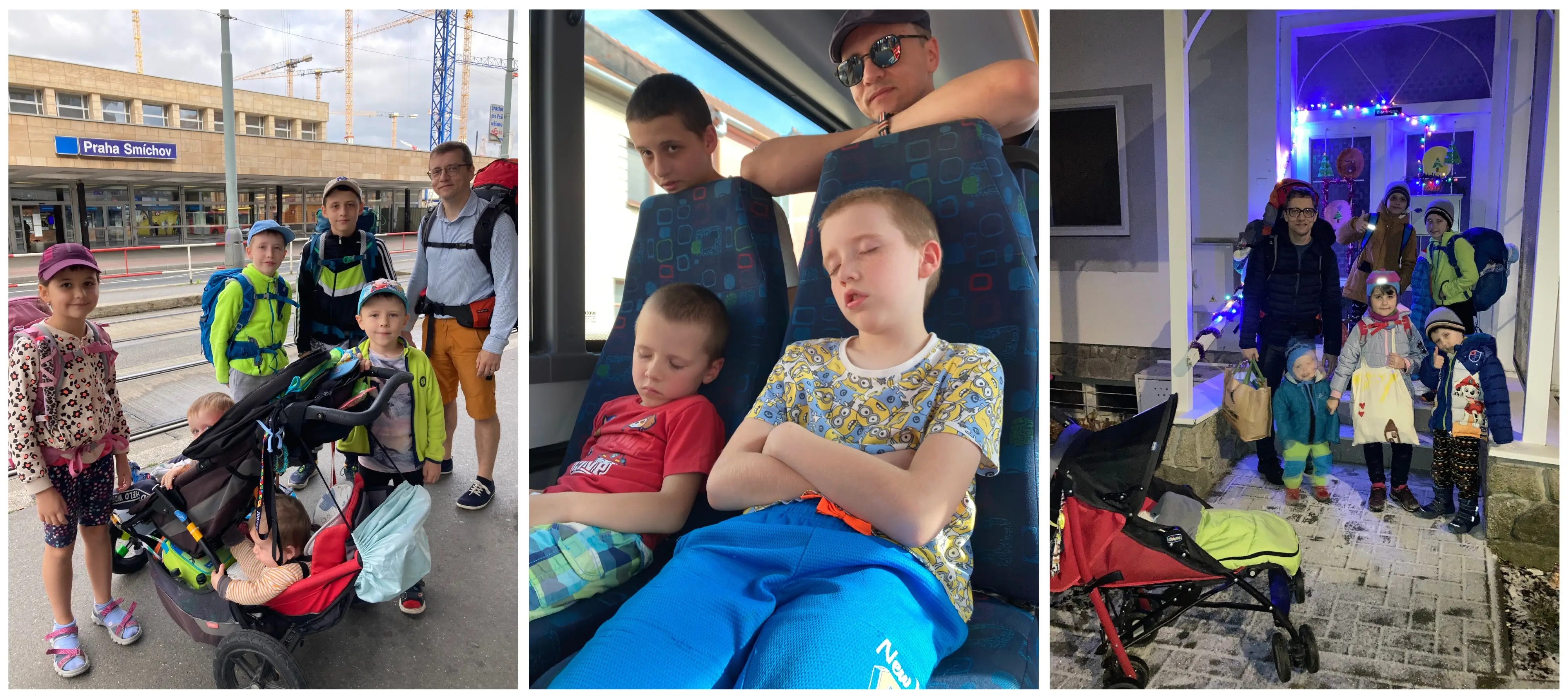 Koláž z našeho cestování: čekání na nádraží s kočárkem, spící děti v autobuse, večerní přesun s batohy